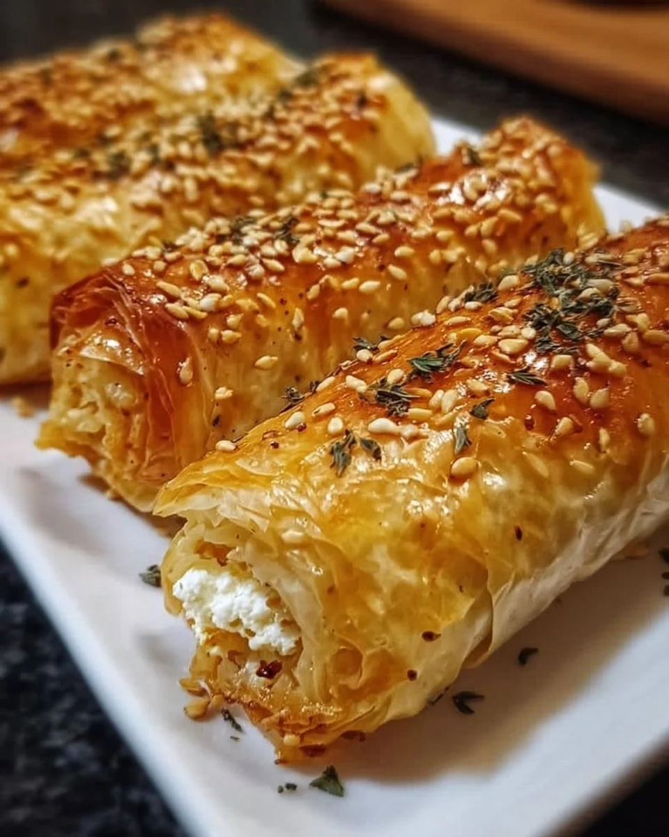 Oven-fried feta rolls served on a plate, garnished and ready to enjoy.