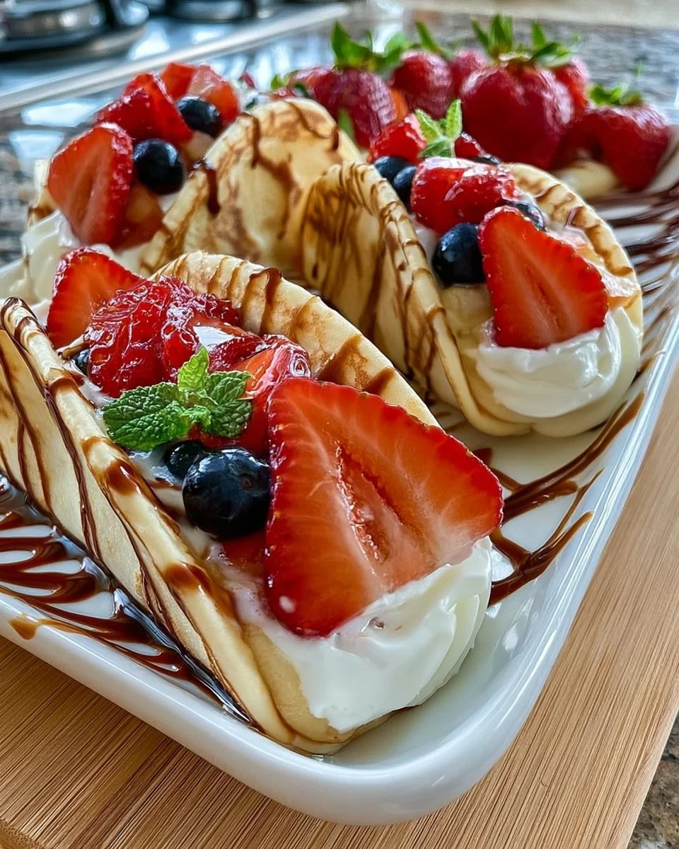 Pancake tacos filled with creamy yogurt and fresh fruit.