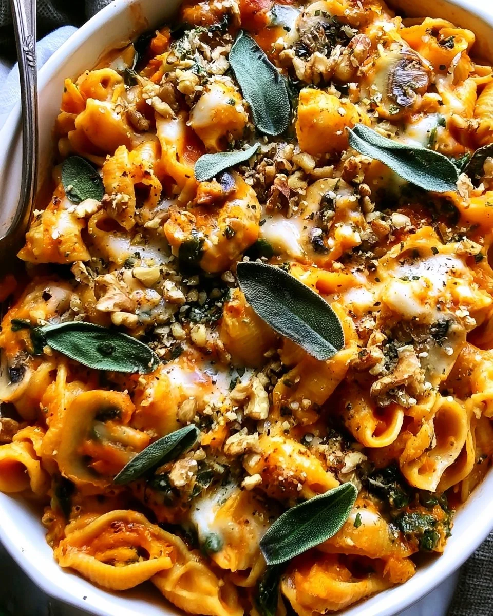 Pasta bake topped with pumpkin tomato sauce, cheese, and herbs in a baking dish