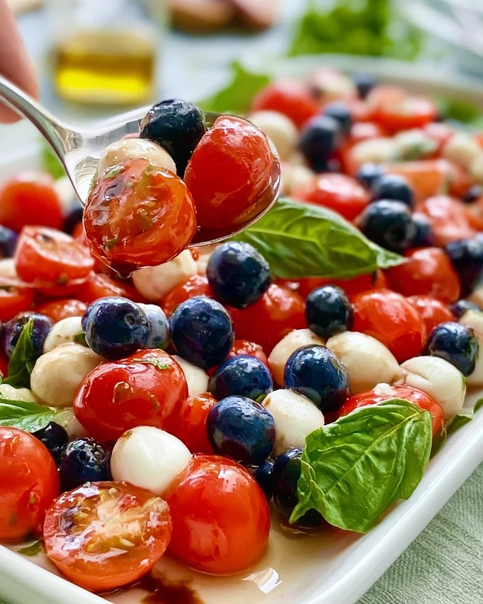 Patriotic Caprese Salad with tomatoes, mozzarella, and basil for Independence Day.