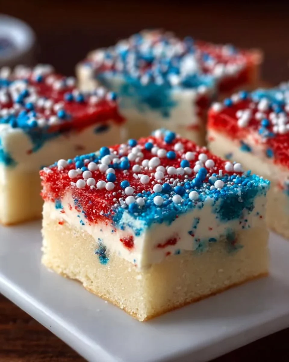 Patriotic Sugar Cookie Bars decorated with red, white, and blue sprinkles