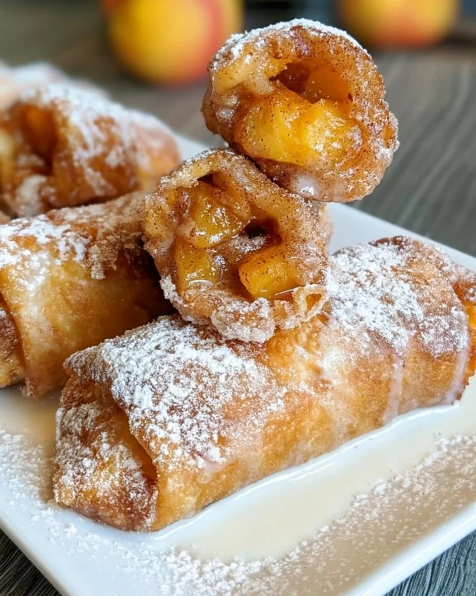 Peach Cobbler Egg Rolls served with a scoop of ice cream