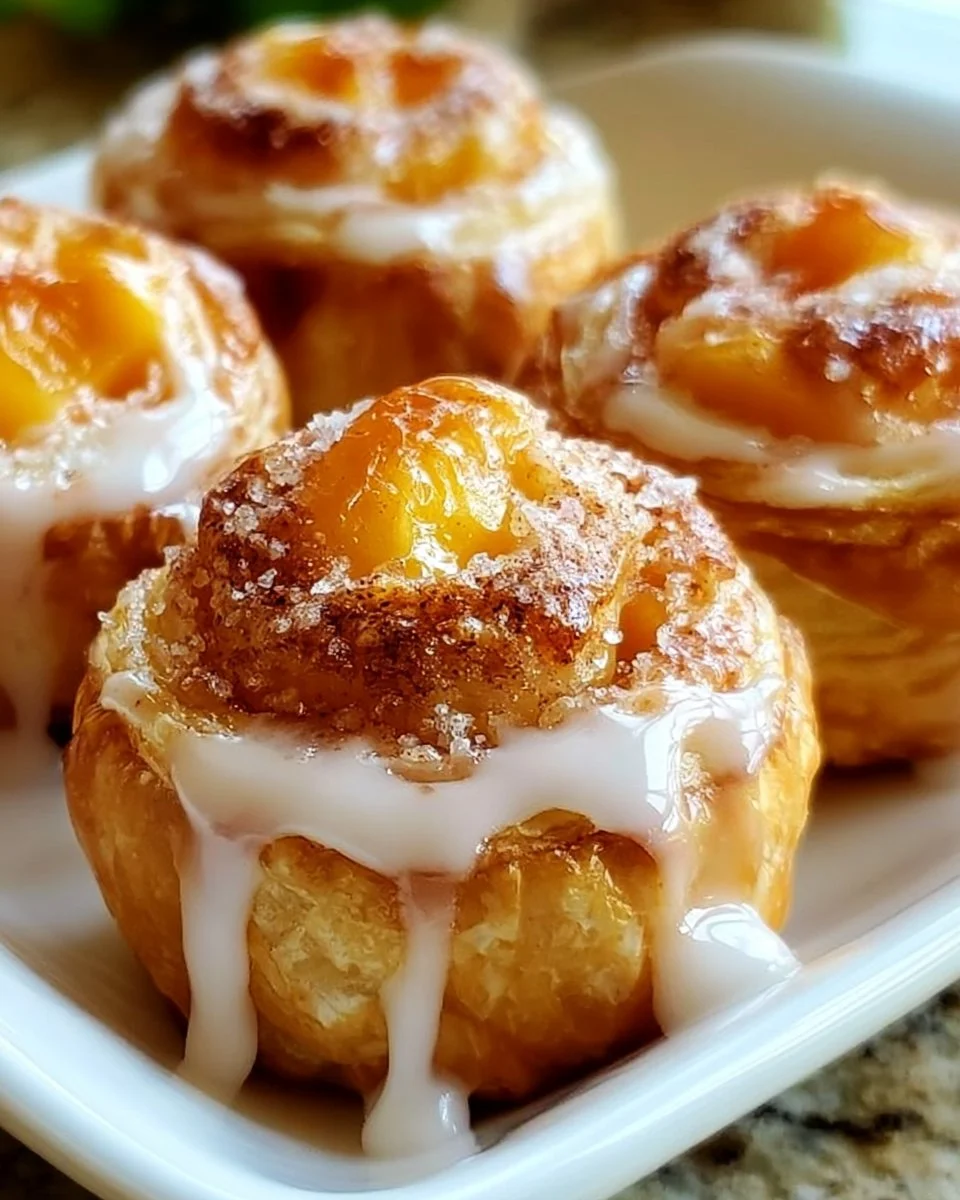 Peach Pie Cruffins topped with fresh peaches in a flaky pastry.