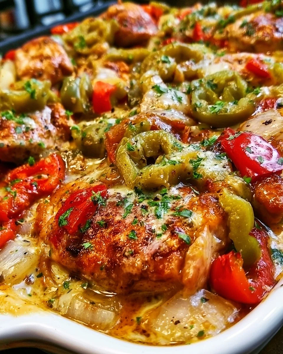 Delicious Pepper Chicken Skillet served with vegetables in a frying pan