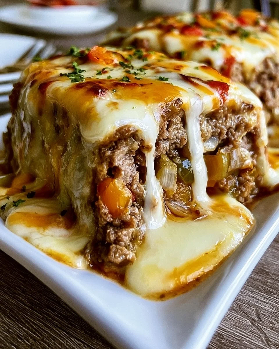 Philly Cheesesteak Meatloaf topped with cheese and peppers on a plate.