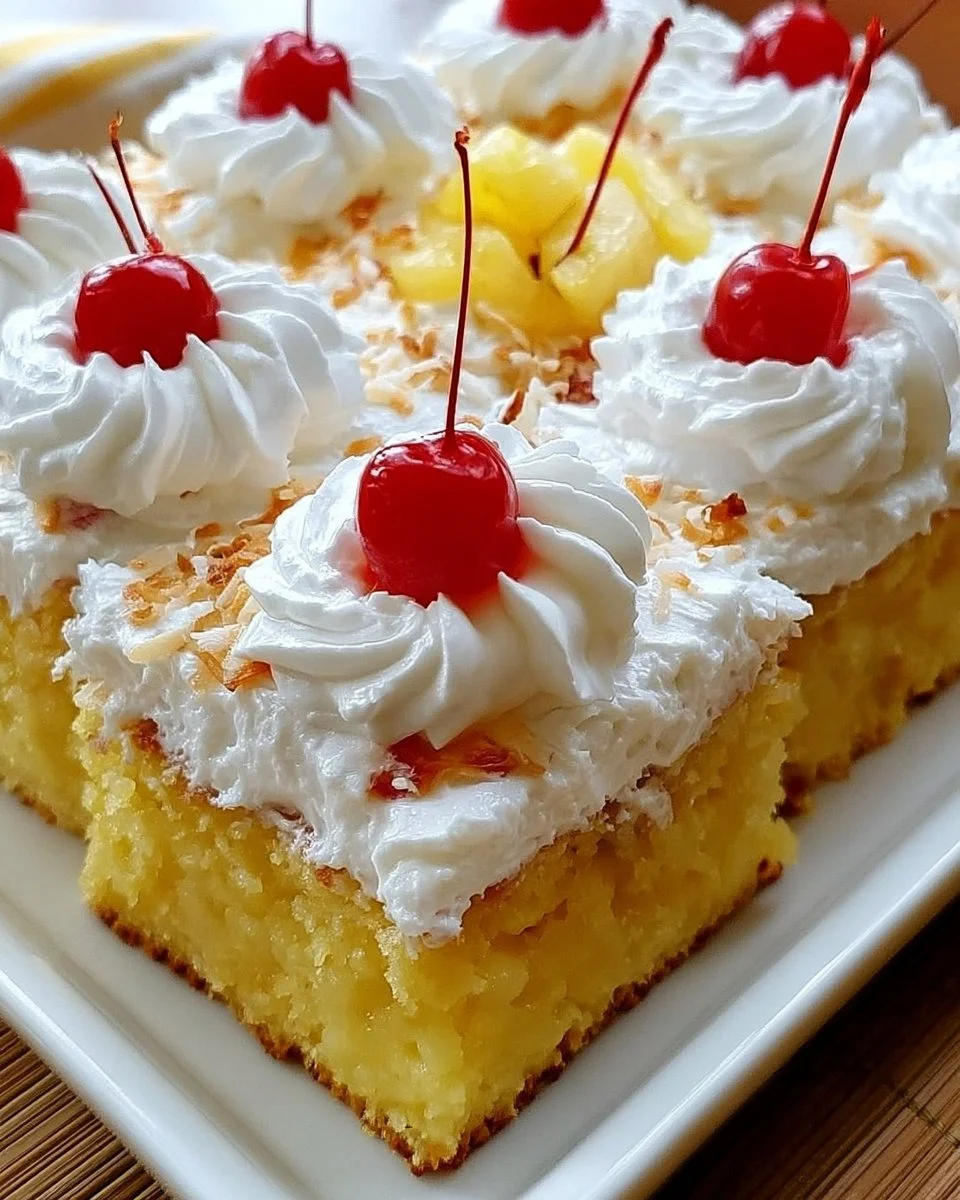 Delicious Pineapple Heaven Cake with fresh pineapple and whipped cream topping