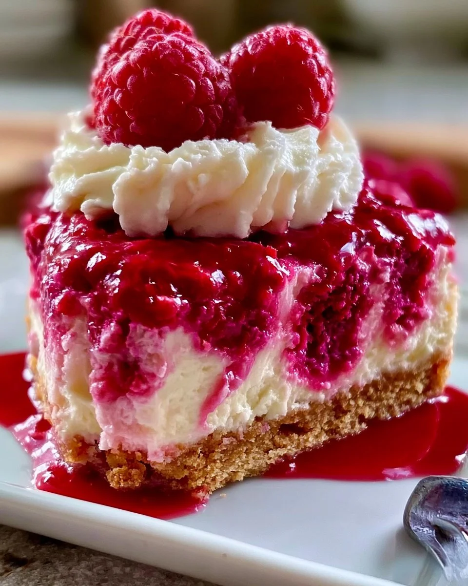 Pink Velvet Raspberry Cheesecake topped with fresh raspberries and cream