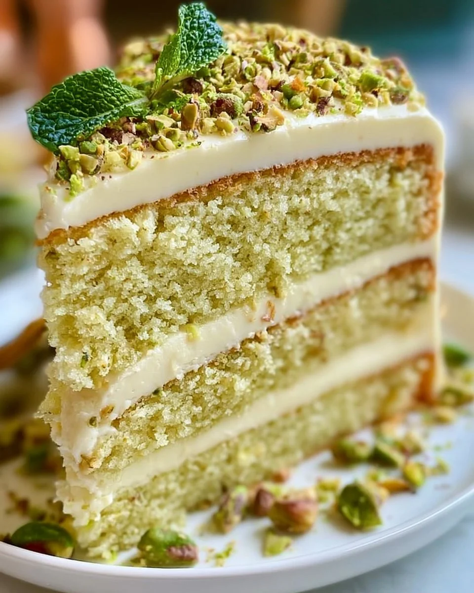 Delicious slice of Pistachio Vanilla Cake with creamy frosting and nuts on top.