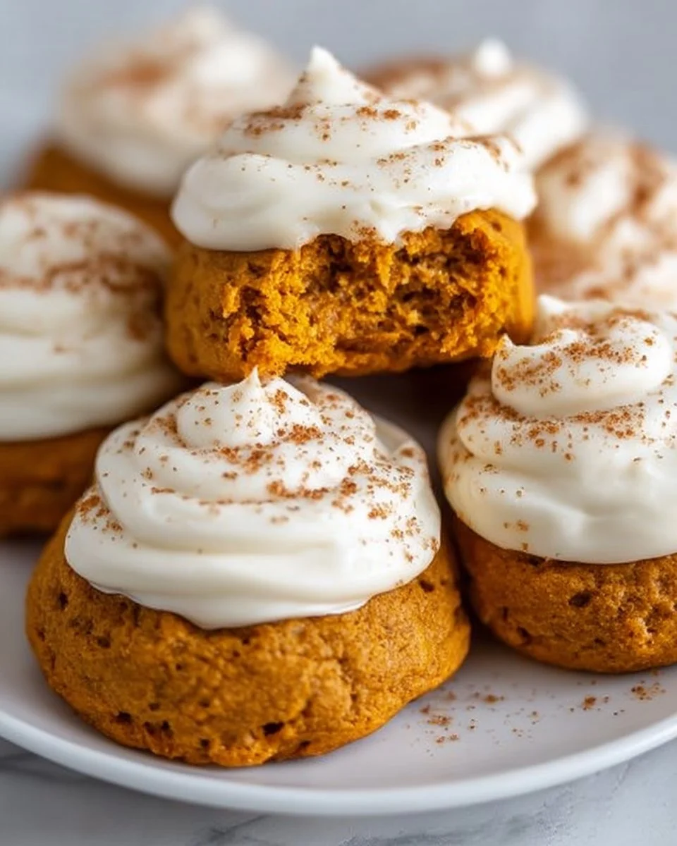 Delicious pumpkin cookies with cream cheese frosting on a plate
