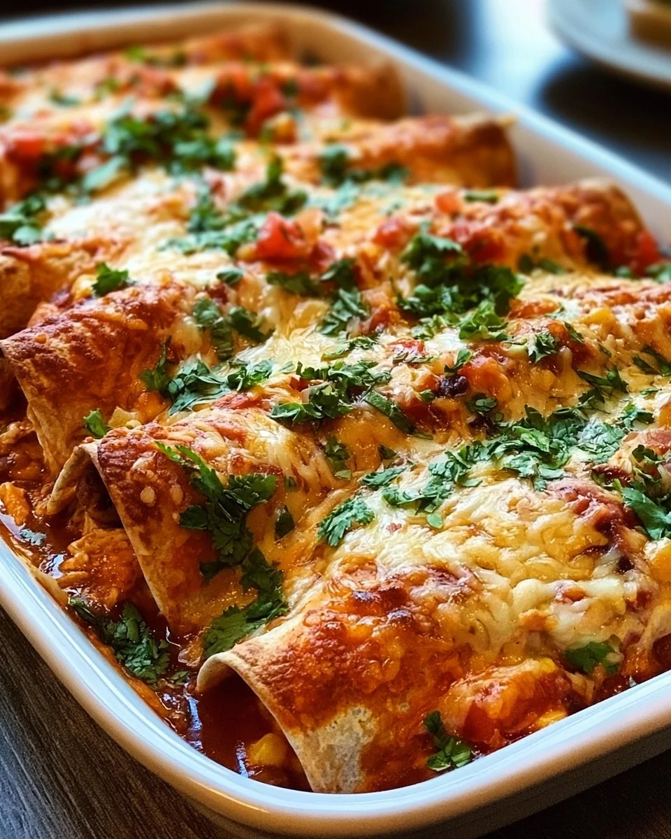 Quick and healthy chicken enchiladas on a plate topped with fresh cilantro