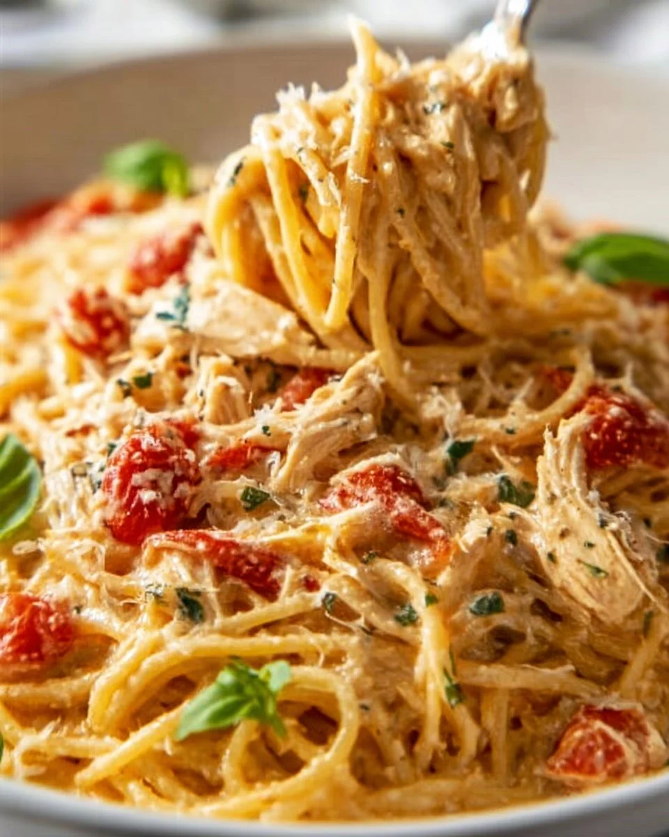 One-pot chicken spaghetti cooked with vegetables and herbs in a skillet