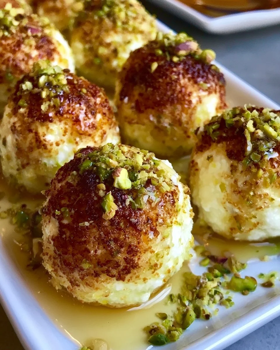 Delicious ricotta pistachio honey bites served on a plate for dessert.
