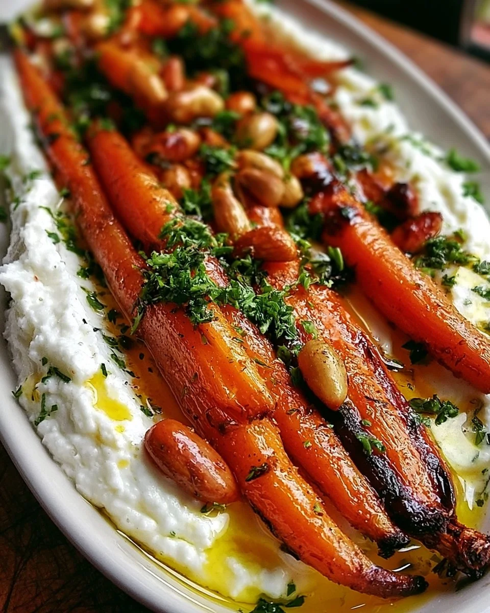 Roasted carrots topped with creamy whipped ricotta on a plate.