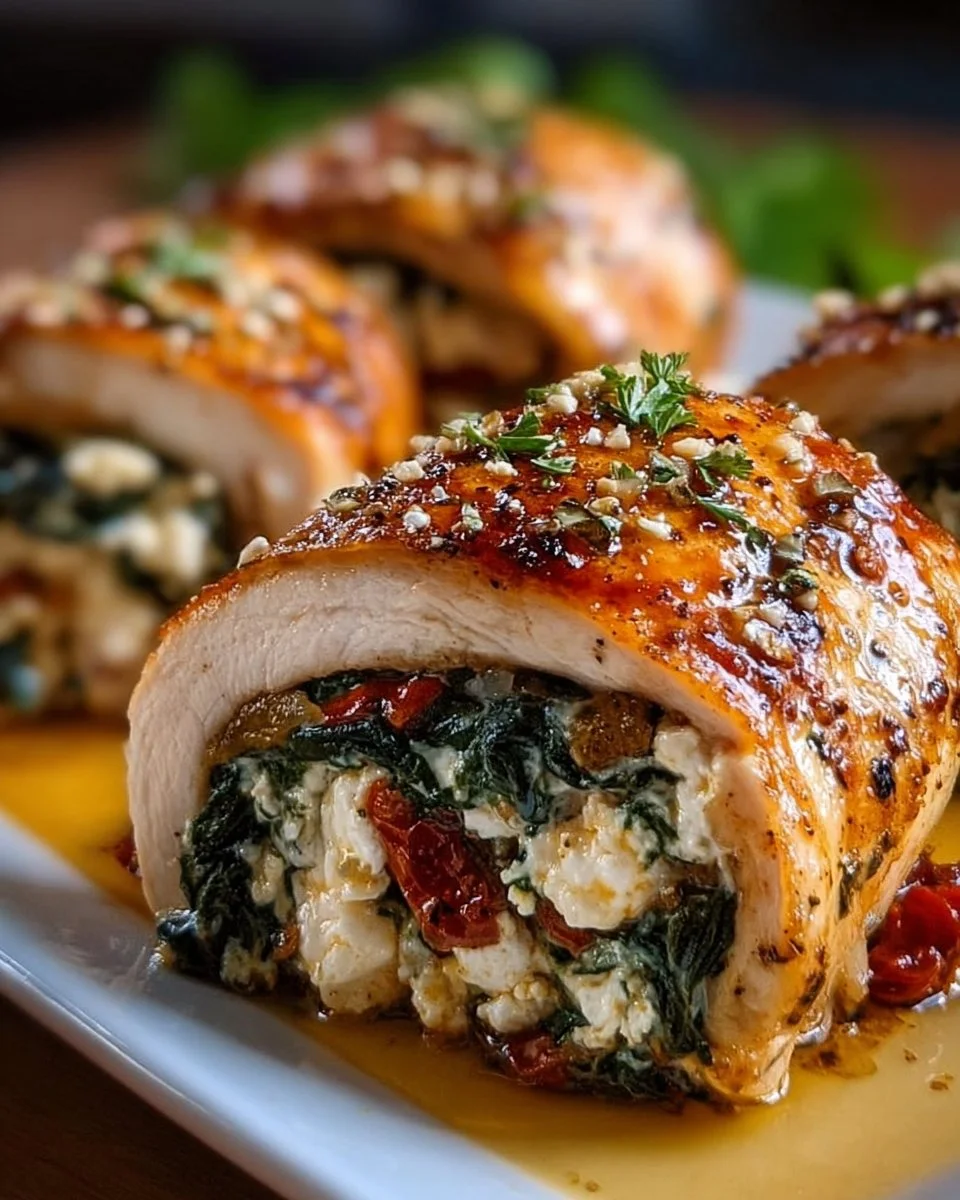Rolled chicken stuffed with feta cheese and spinach on a plate
