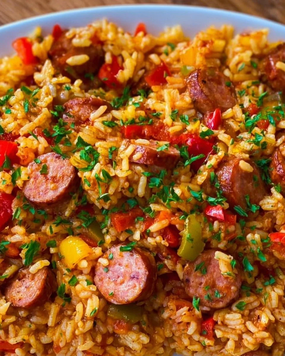 Sausage and Rice Skillet with colorful vegetables in a frying pan