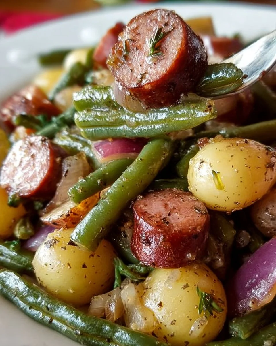 Sausage Green Bean Potato Casserole dish served in a baking dish.