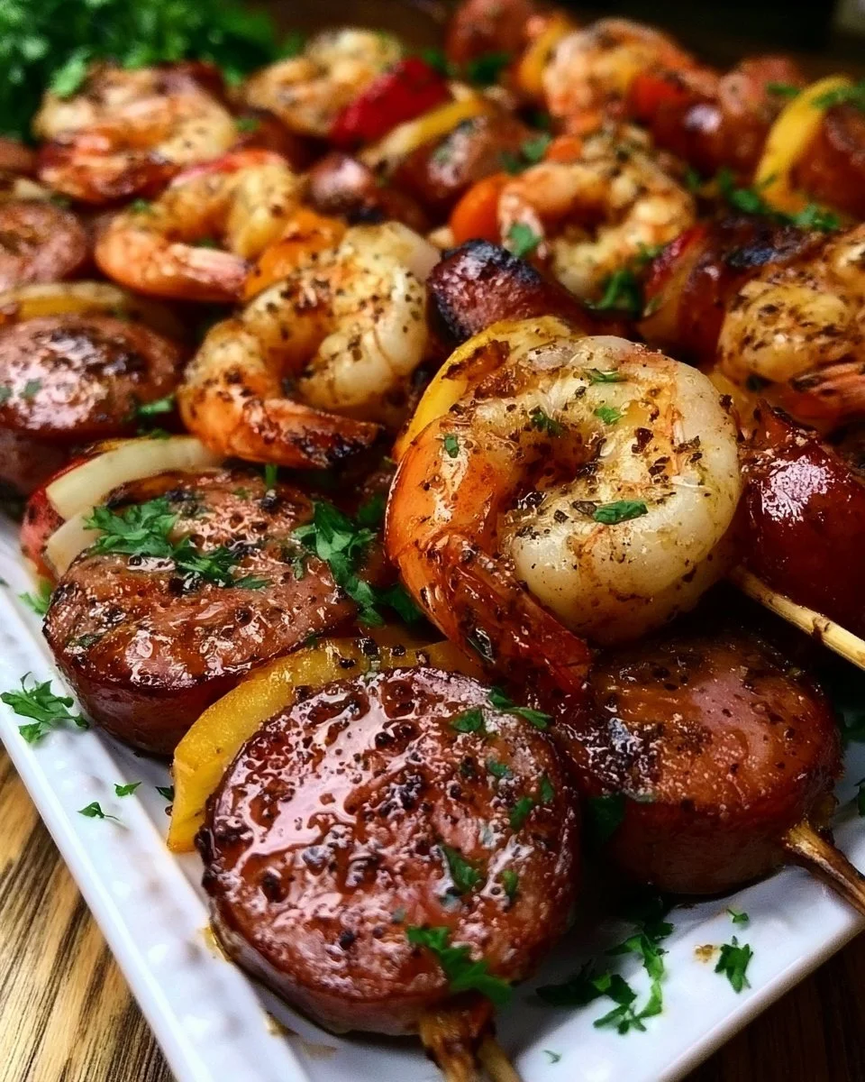 Grilled Sausage & Shrimp Kabobs with vibrant vegetables on skewers