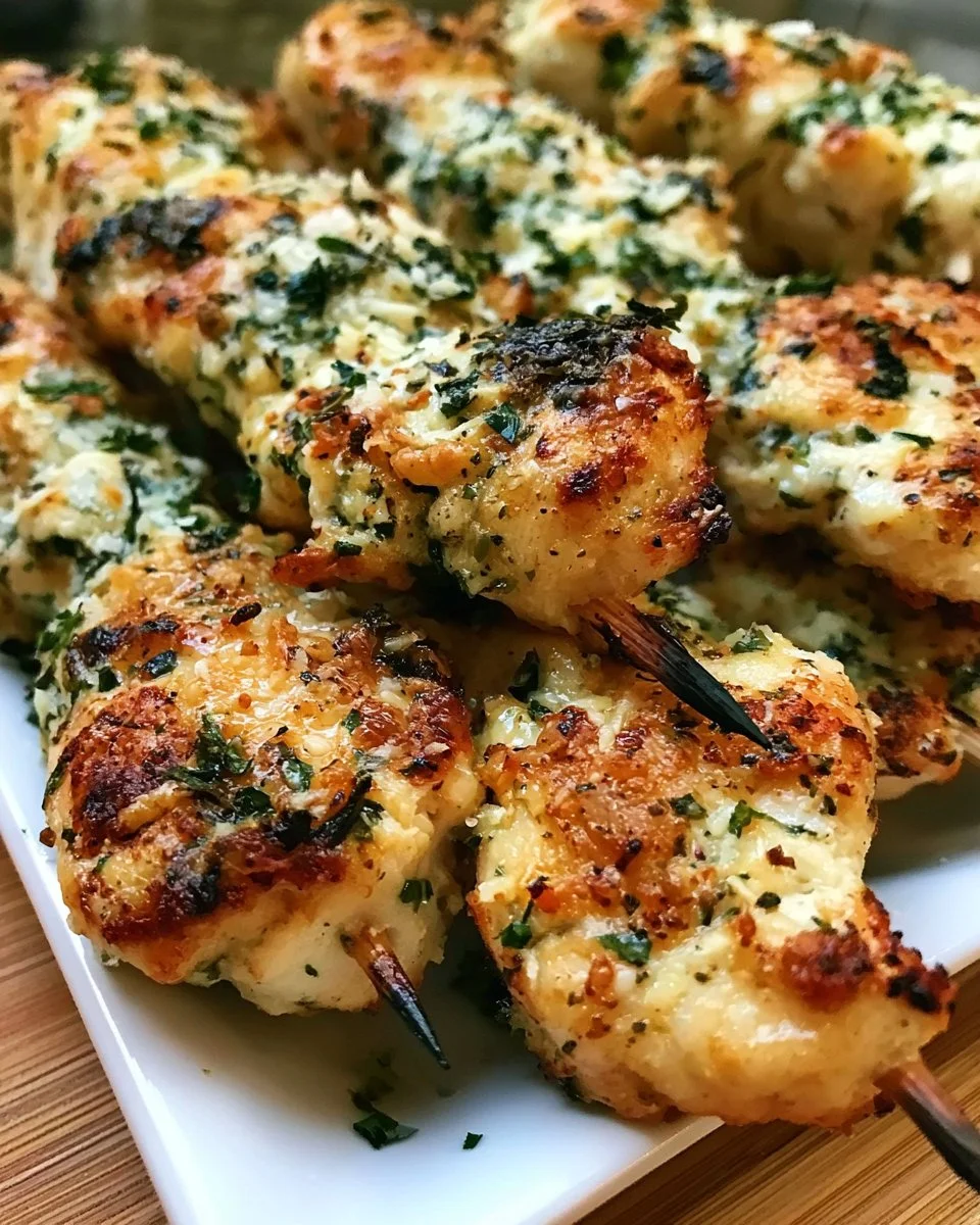 Grilled Garlic Parmesan Chicken Skewers served on a plate