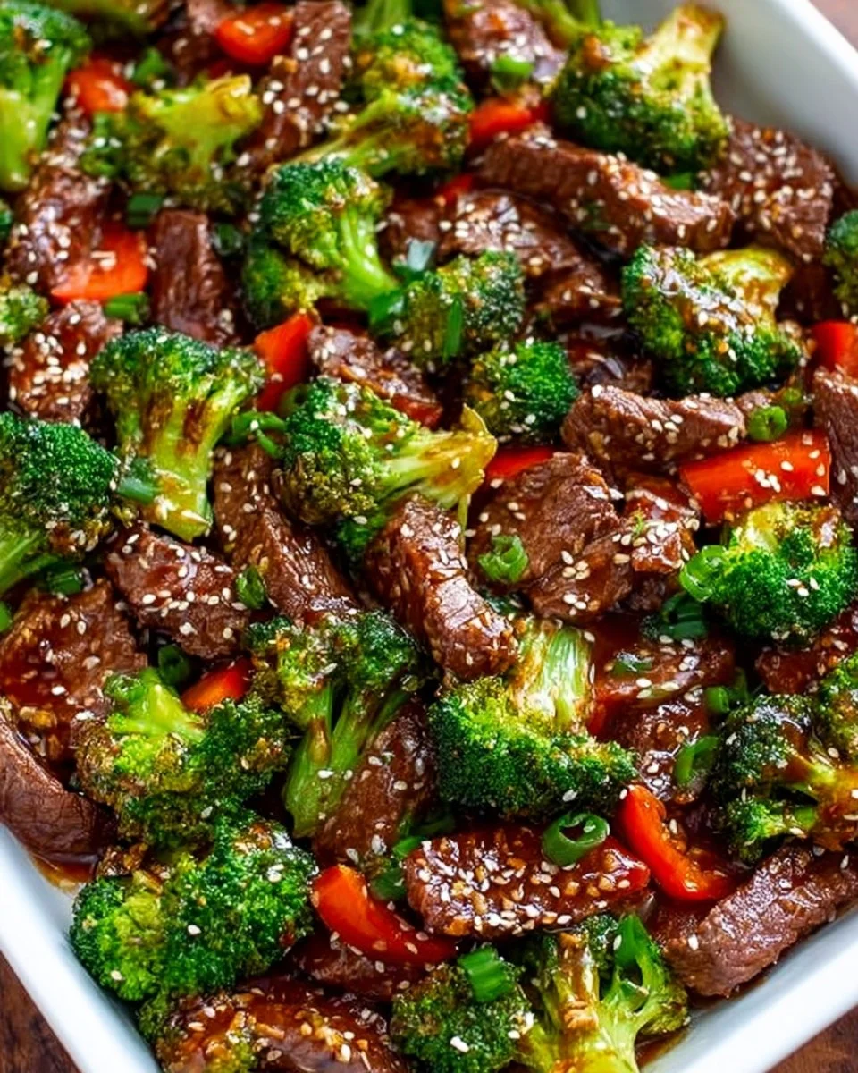 Sheet Pan Chinese Beef and Broccoli dish with vibrant veggies on a baking tray