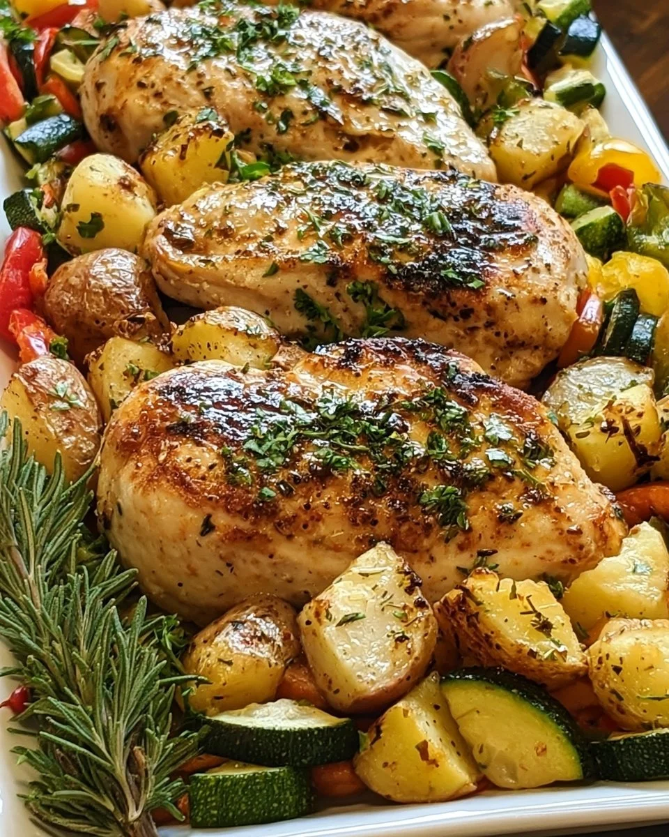 Sheet Pan Garlic Herb Chicken with fresh veggies roasted together