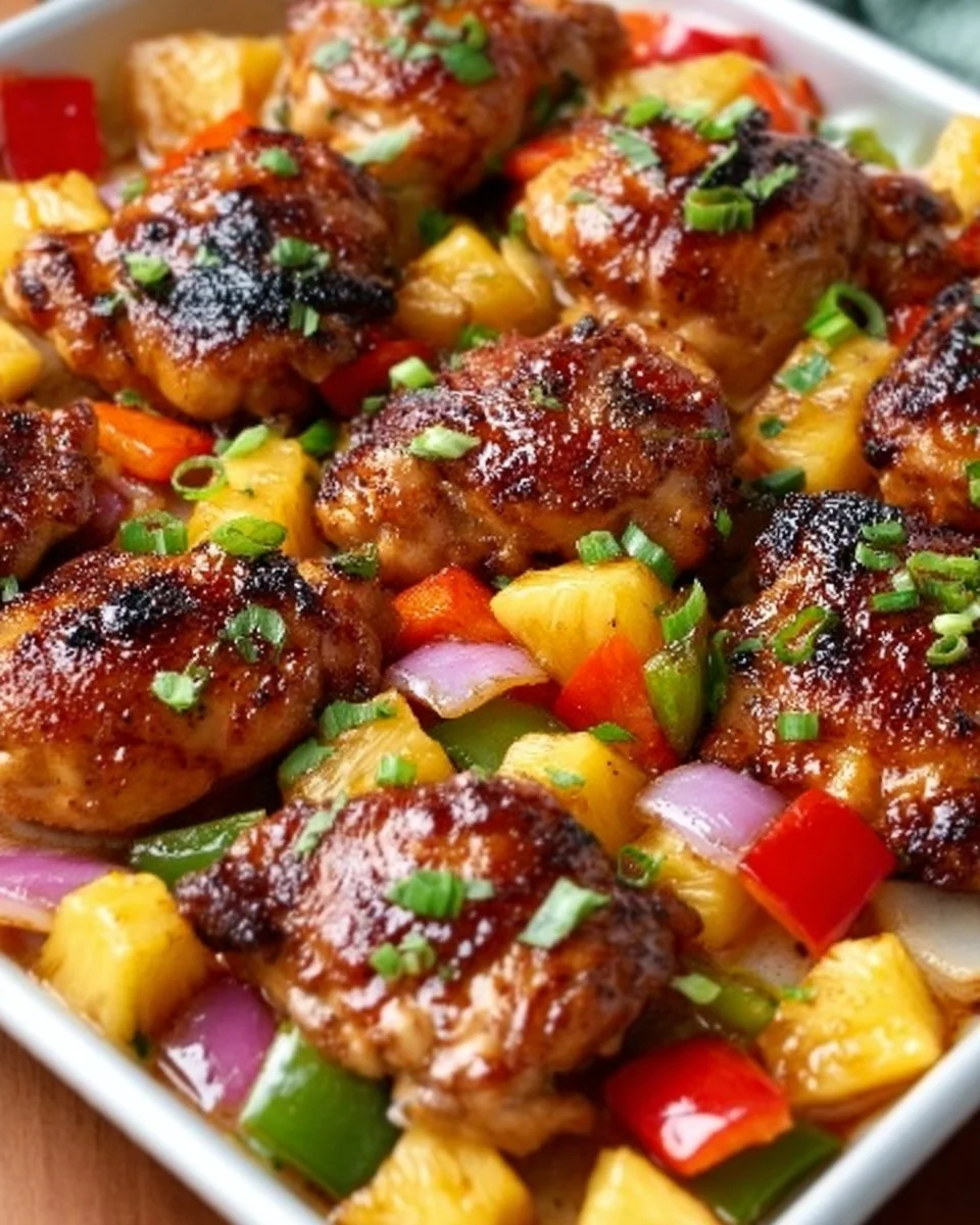 Delicious Sheet Pan Hawaiian Chicken served with vibrant vegetables