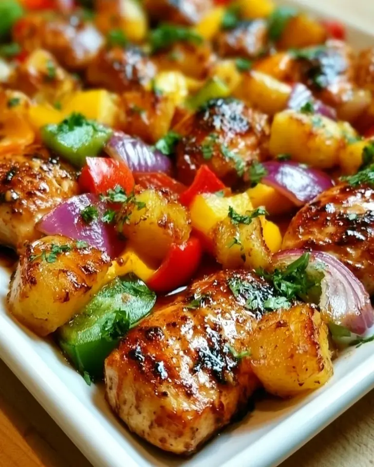 Delicious Sheet Pan Hawaiian Chicken with colorful vegetables ready to serve