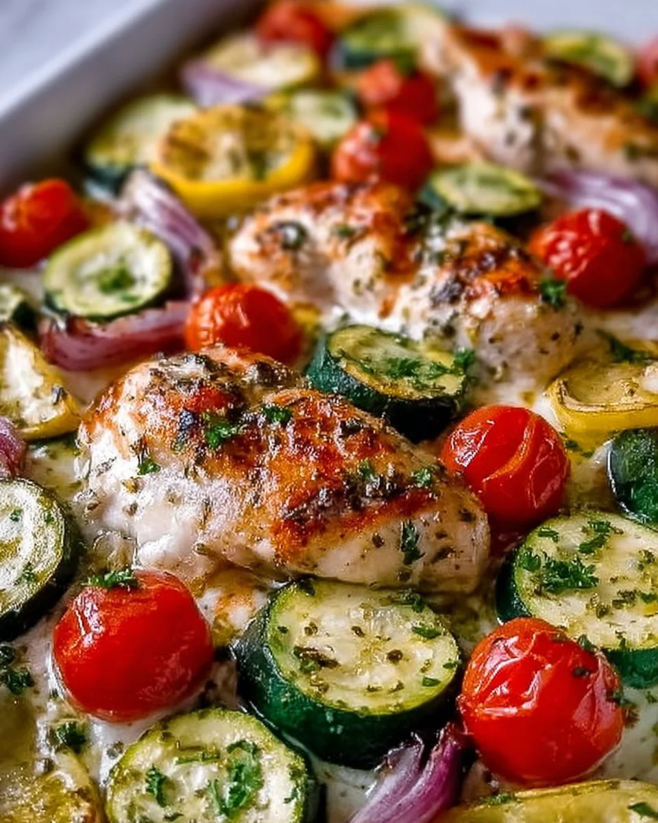 Sheet pan Mediterranean chicken and zucchini recipe with vibrant vegetables.