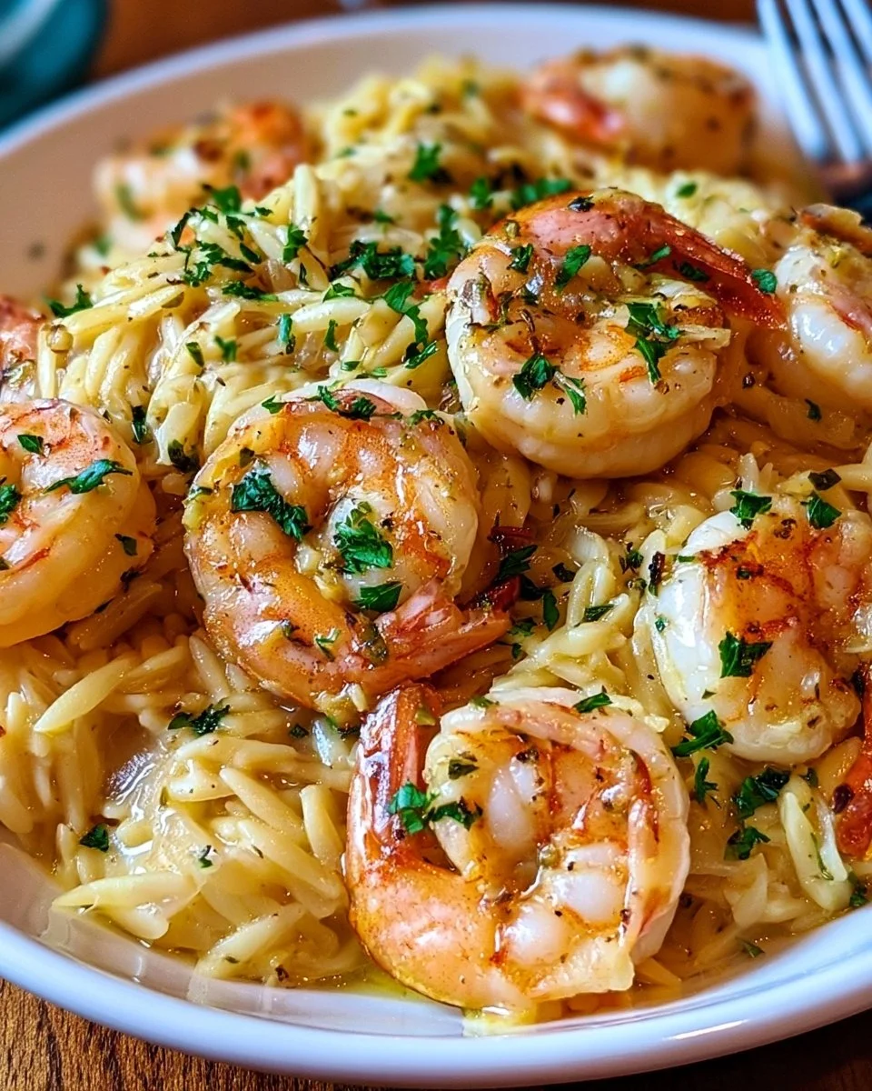Shrimp orzo in lemon garlic sauce served in a bowl