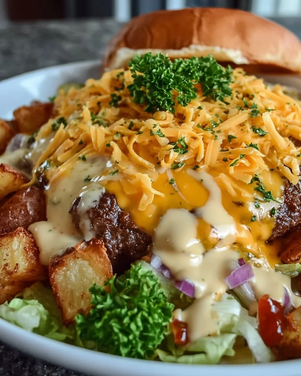 Delicious Smash Burger Bowl featuring juicy patties, fresh toppings, and sauces.