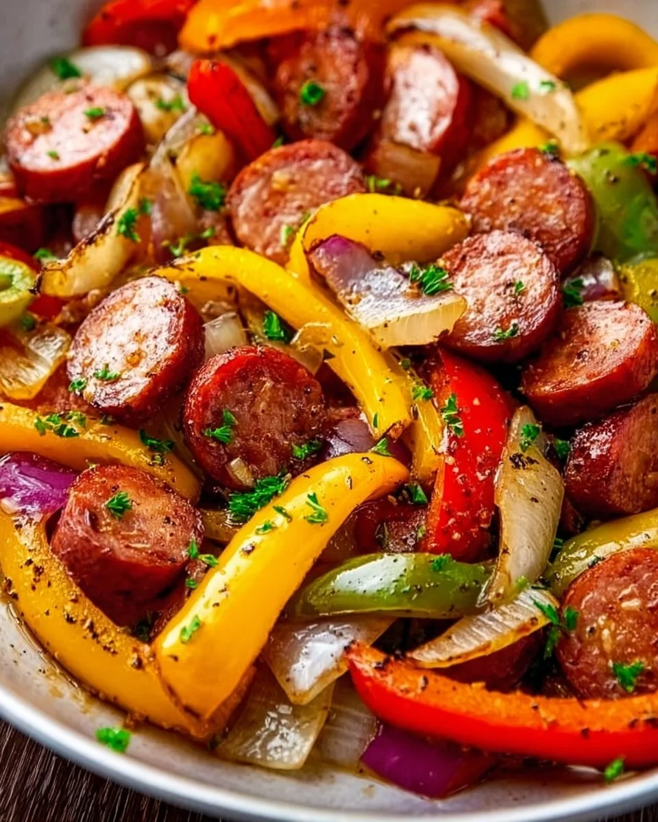 Smoked sausage and peppers skillet served in a frying pan