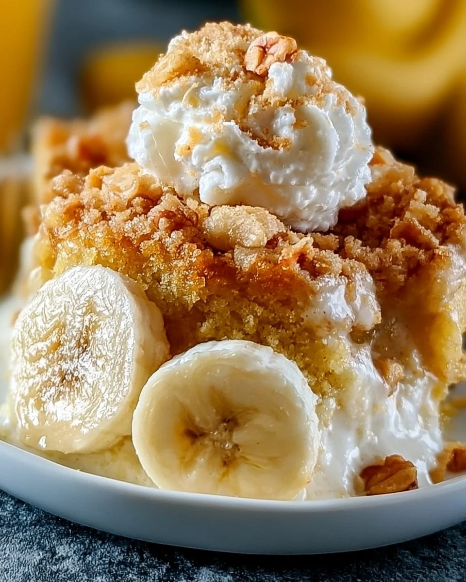 Delicious Southern banana cobbler topped with fresh bananas and creamy pudding.