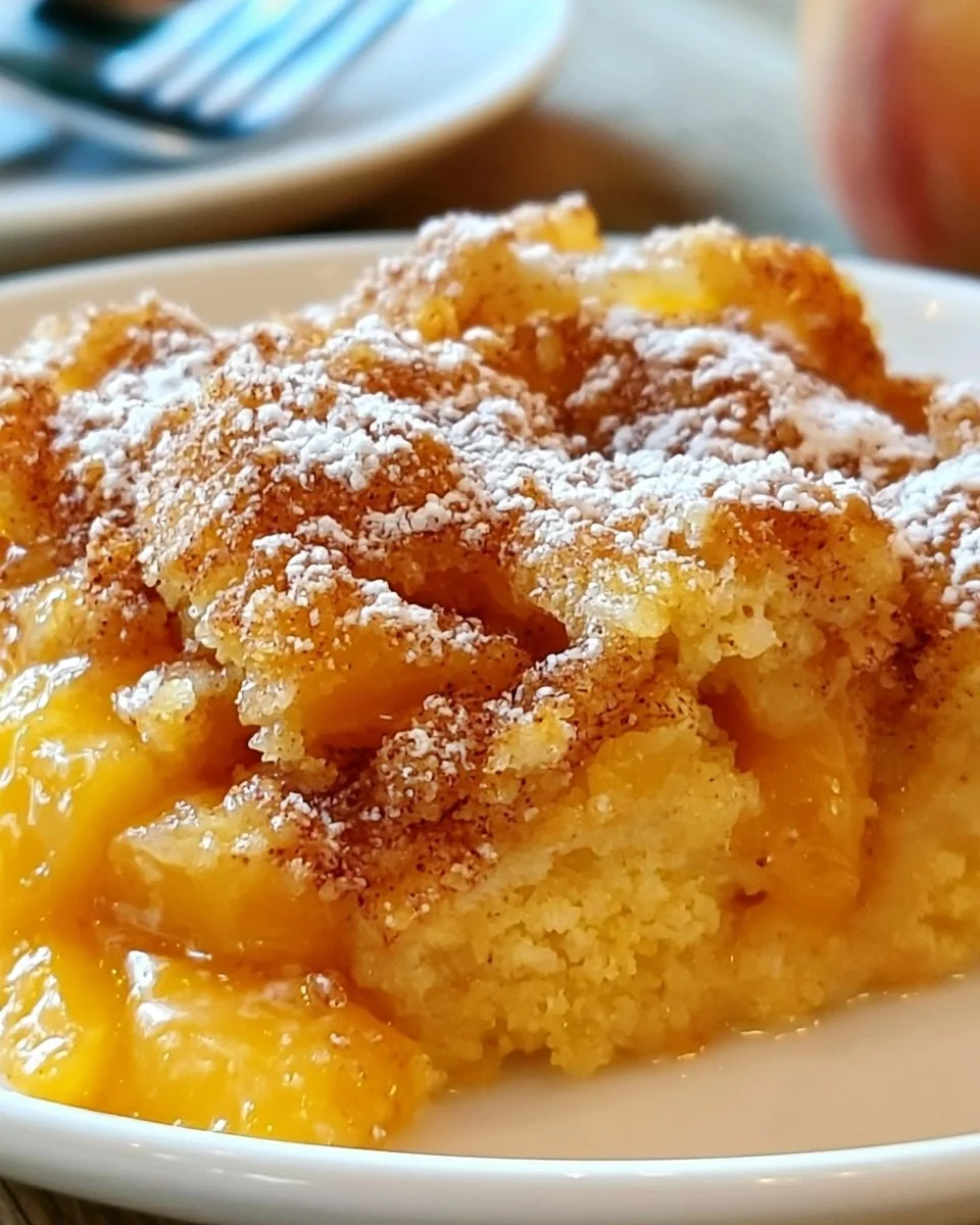 Delicious Southern peach cobbler served in a cast iron dish.