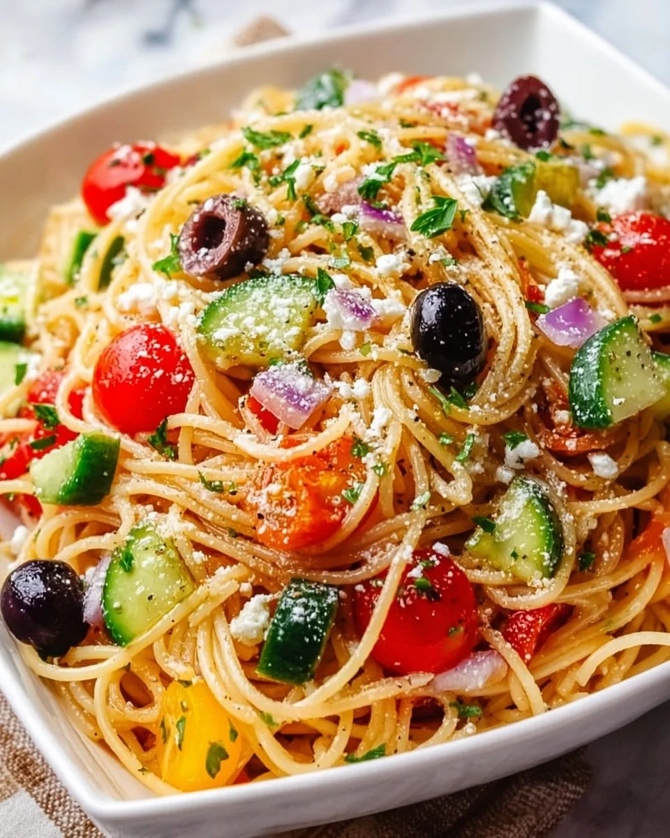 Spaghetti salad with fresh vegetables and Italian dressing in a bowl