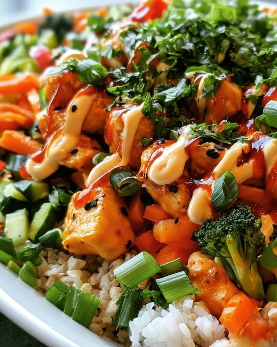 Spicy Bang Bang Chicken Bowl with vibrant vegetables and creamy sauce
