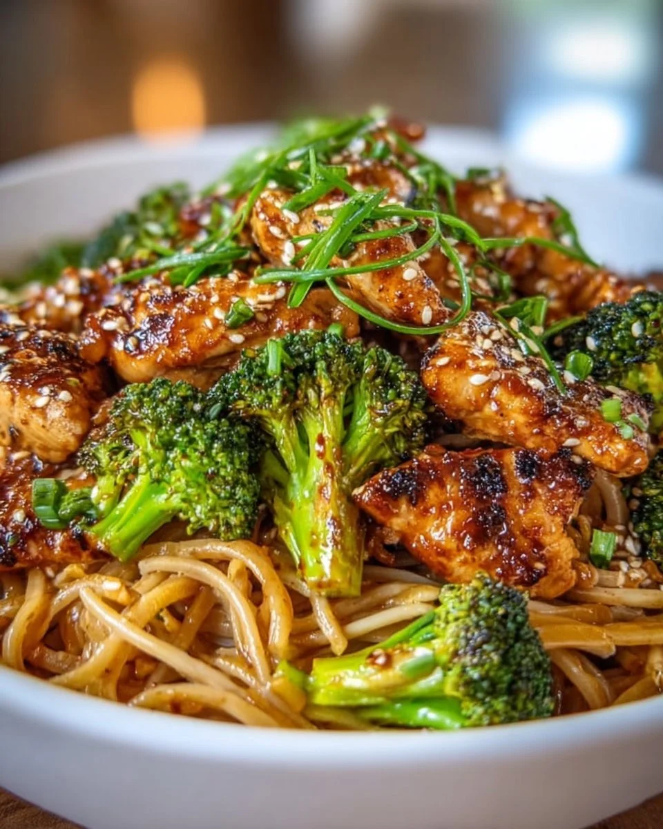 Spicy Garlic Chicken and Broccoli Noodle Bowl served in a vibrant dish