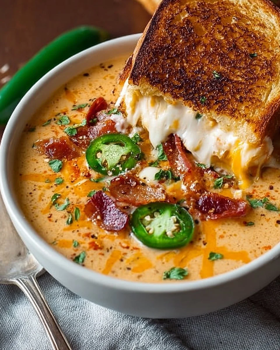 Bowl of spicy jalapeño popper soup with grilled cheese dippers on the side