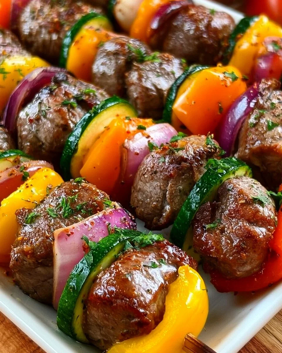 Grilled steak kabobs with colorful vegetables on skewers.