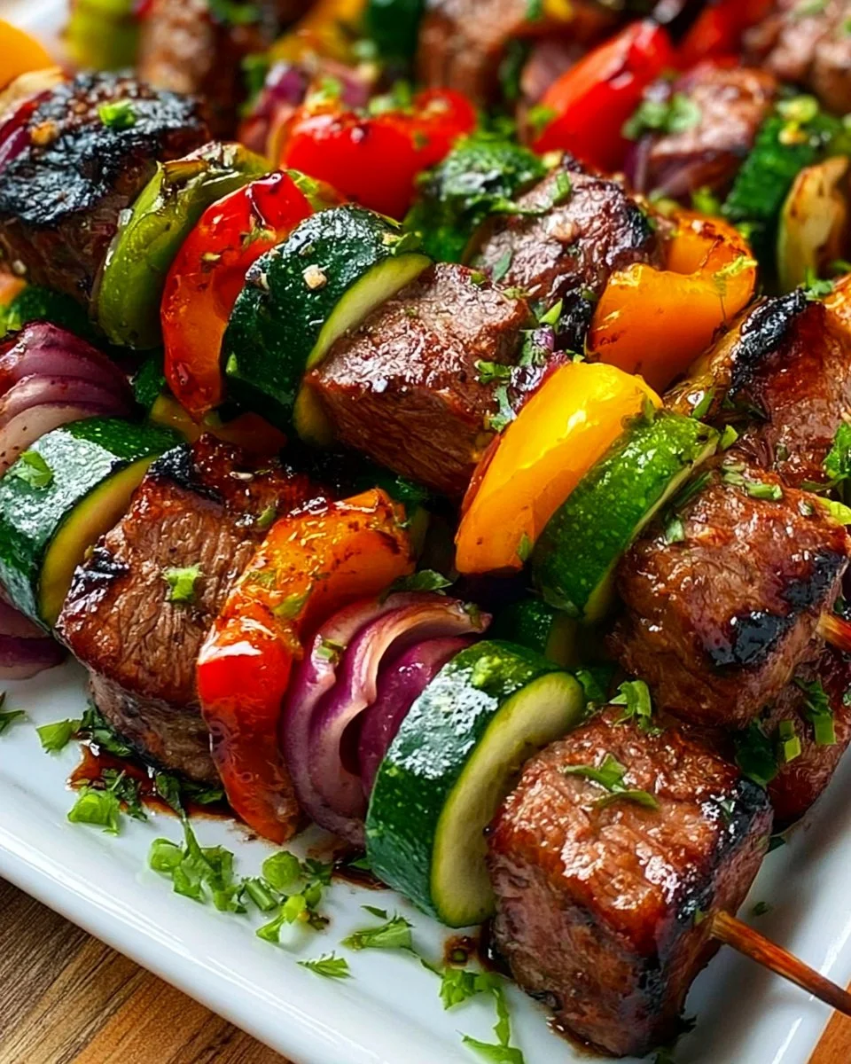 Grilled steak kabobs with colorful vegetables on skewers