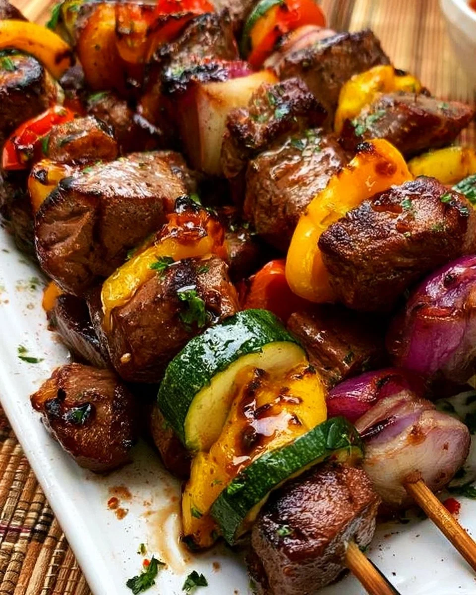 Grilled steak kabobs with colorful vegetables on skewers