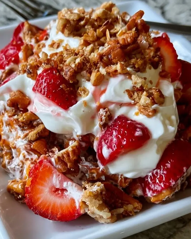 A vibrant bowl of Strawberry Crackle Salad featuring fresh strawberries and crunchy toppings.