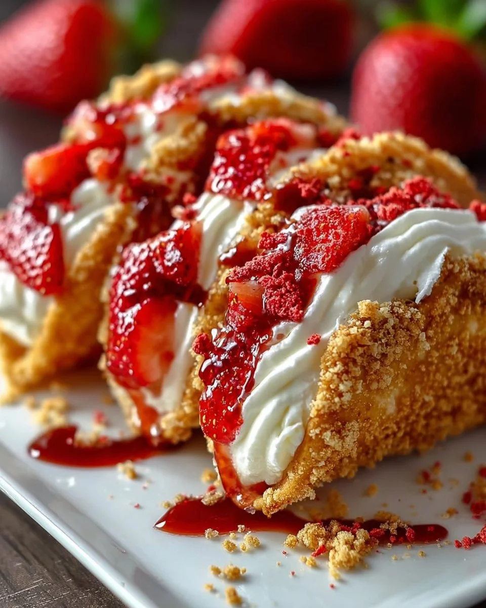 Strawberry Crunch Cheesecake Tacos topped with fresh strawberries and crunch