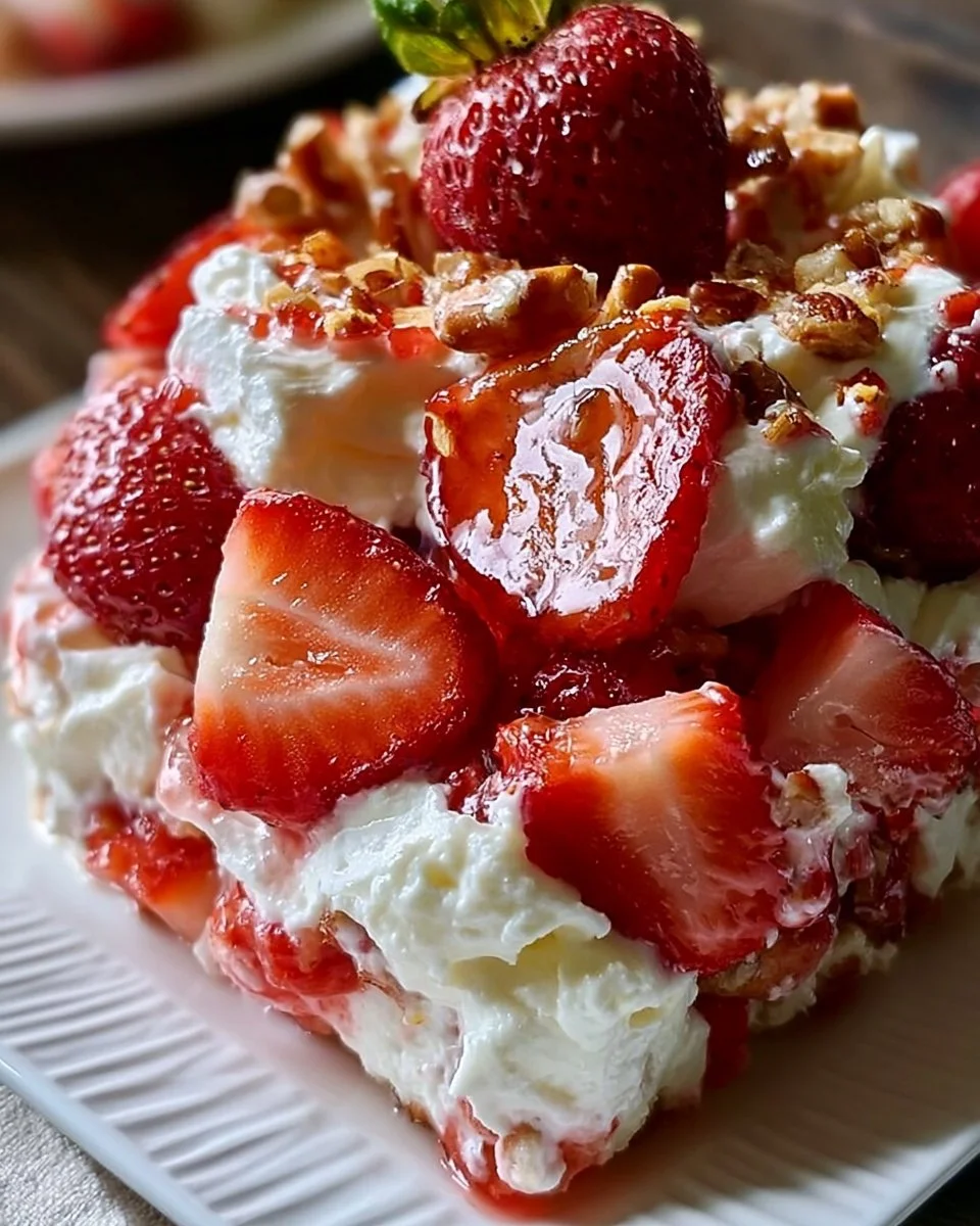 Delicious Strawberry Pretzel Salad served in a clear dish showcasing layers of fruit and cream