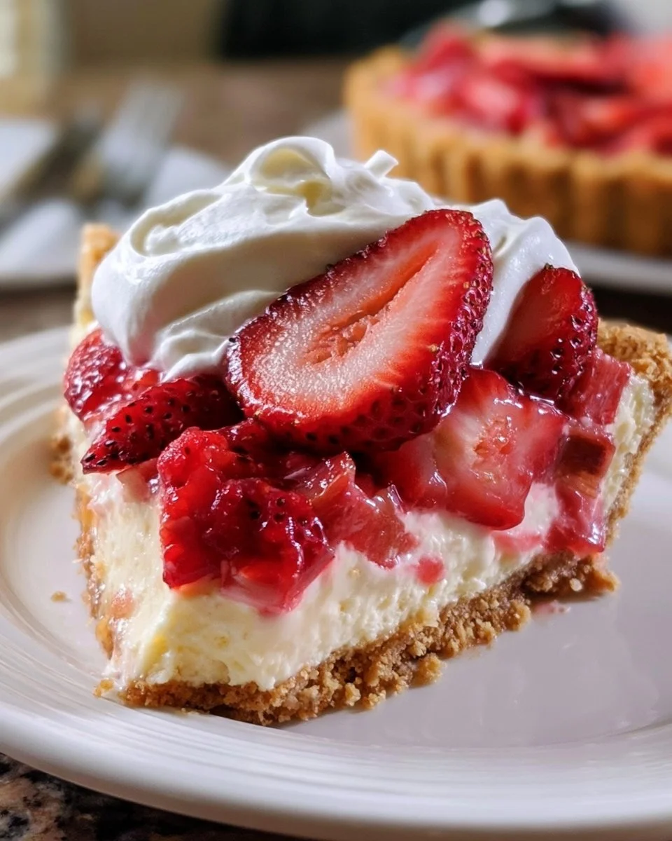 Slice of Strawberry Rhubarb Cheesecake Pie on a plate with fresh strawberries