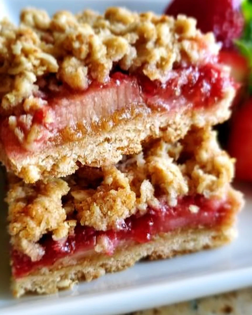 Homemade Strawberry Rhubarb Oatmeal Bars on a wooden surface