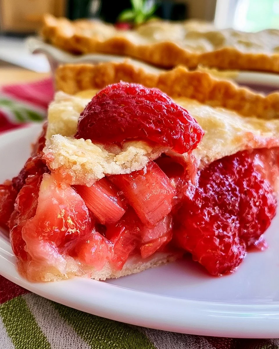 Delicious homemade Strawberry Rhubarb Pie with flaky crust and fresh fruit filling.