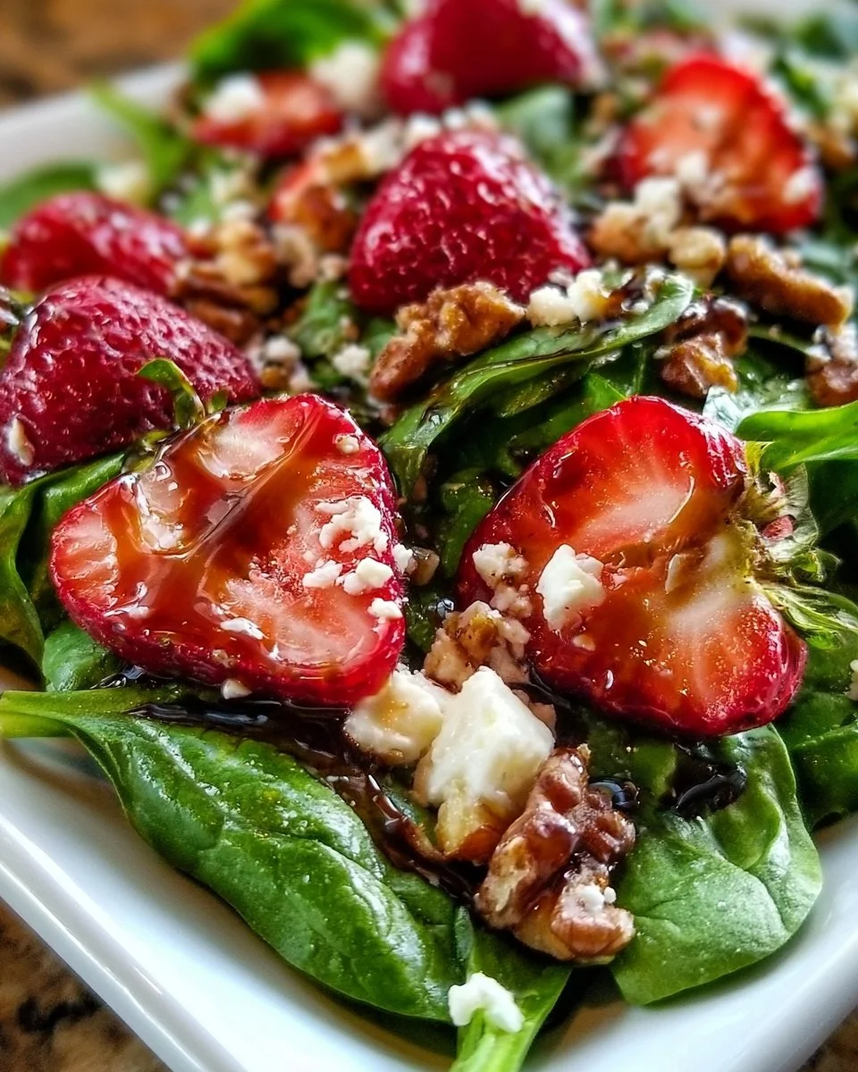 Fresh Strawberry Spinach Salad topped with nuts and vinaigrette on a plate