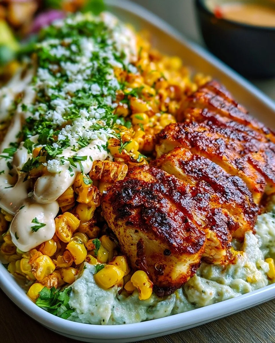 Street Corn Chicken Bowl featuring grilled chicken and colorful corn toppings.