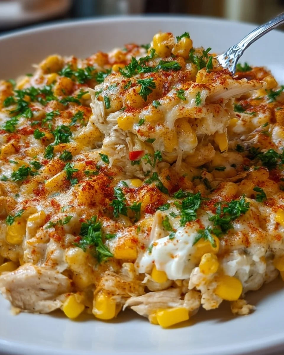 Delicious Street Corn Chicken Casserole topped with cheese and fresh herbs.