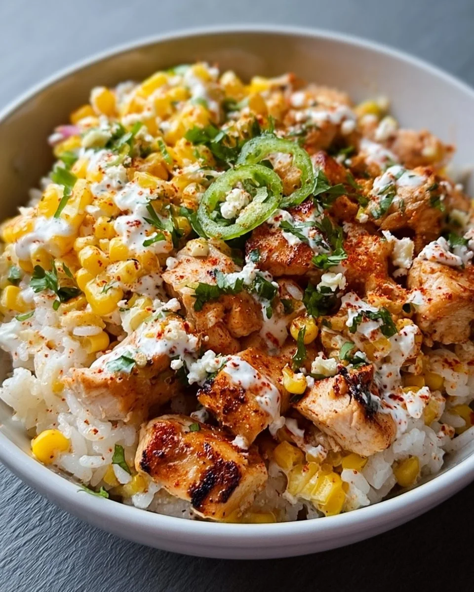 Street Corn Chicken Rice Bowl with grilled chicken and fresh corn