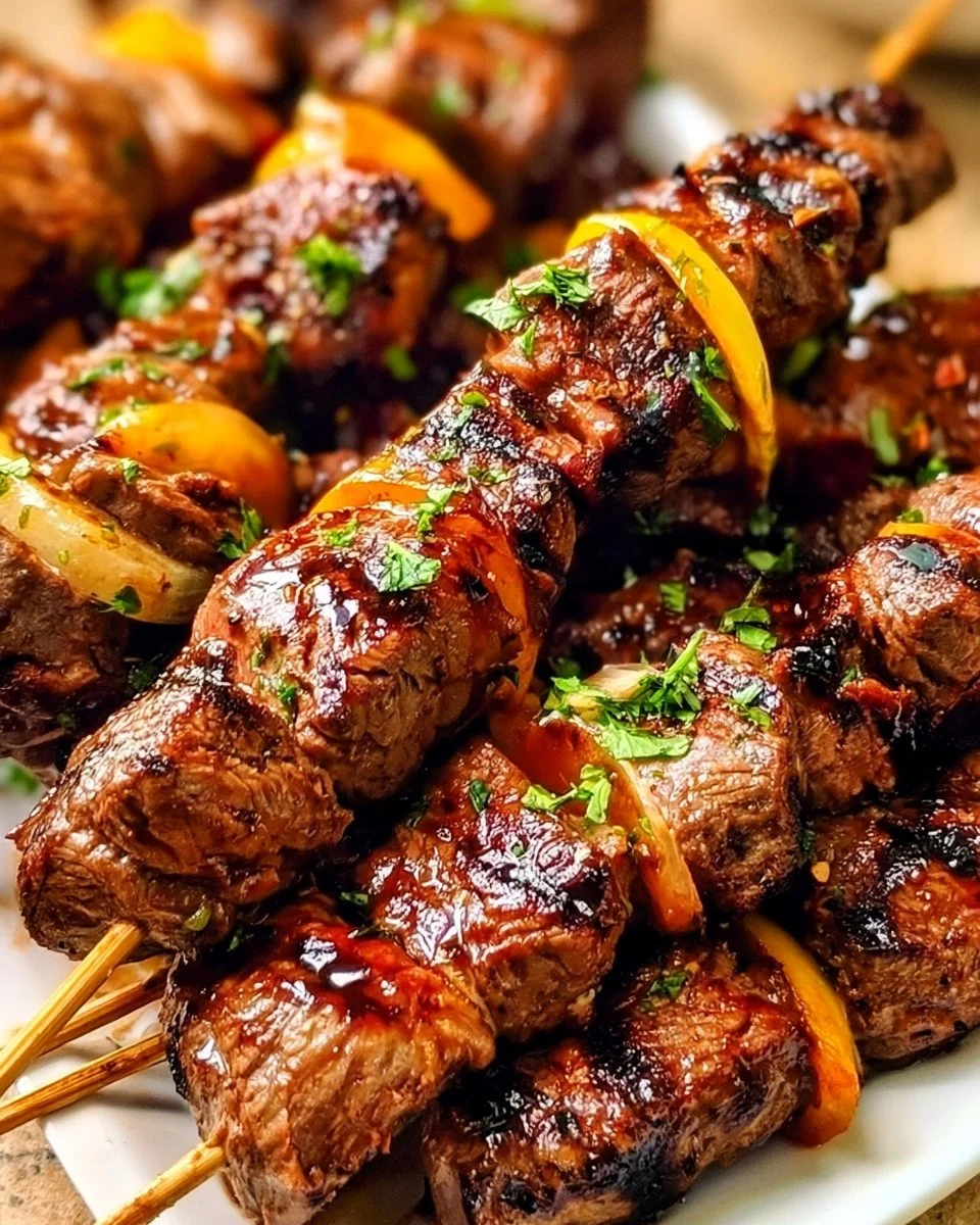 Delicious street-style beef kabobs skewered with vegetables and grilled to perfection.